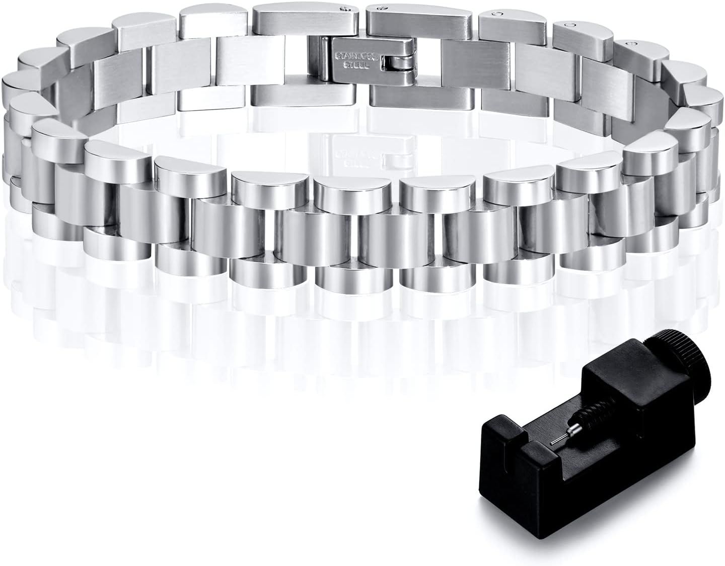 MPRAINBOW 2pcs Gold Chain Link Bracelet - Stainless Steel Love Crystal Friendship Bracelet Bangle,Watch Band Chain Wristband Jewelry with Adjust Tool Silver-18cm