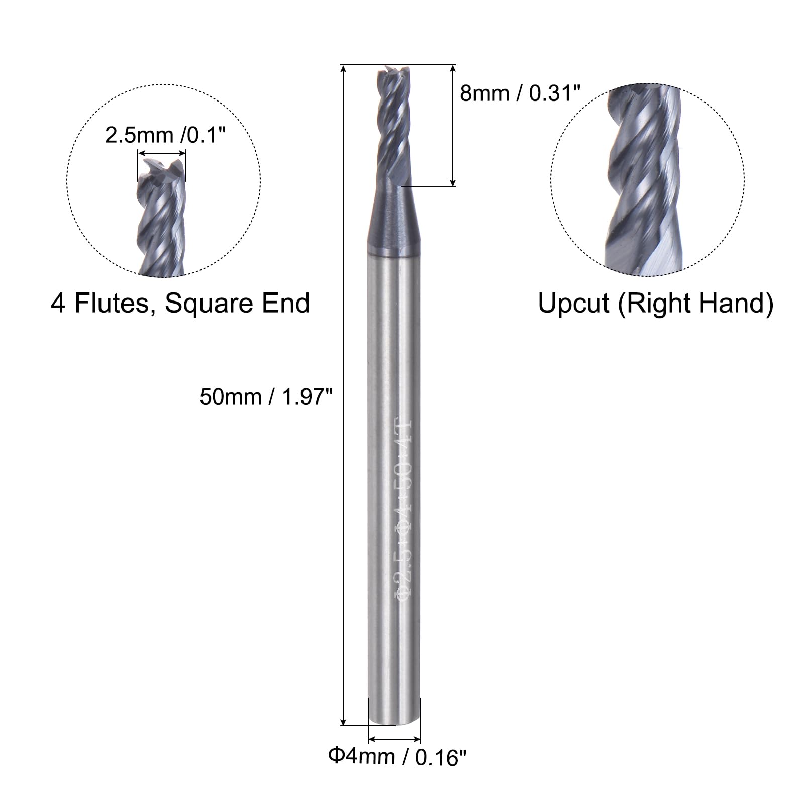 sourcing map Lot de 4 fraises à bout carré de 2,5 mm de diamètre 4 mm à 4 cannelures HRC45 en carbure AlTiN revêtues de fraisage CNC pour fraisage en bout d'usinage CNC, noir
