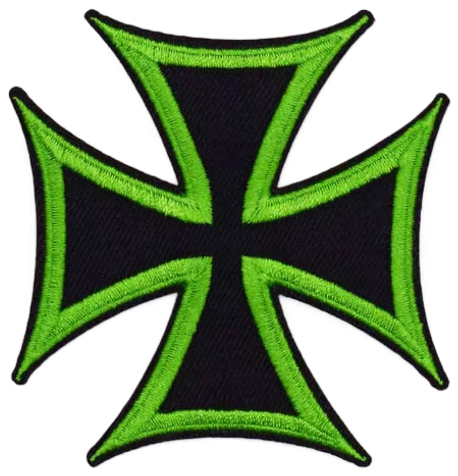 hotrodspirit Patch Croix de Malte Noire Contour Vert Éclatant 7.5x7.5 cm Écusson Thermocollant
