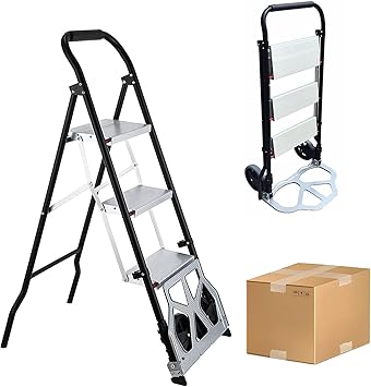 BLURISM 3 Step Ladder with Trolley 2 in 1 Foldable Portable Ladder and Heavy Duty Hand Truck Cart Easy to Store Waterproof Rust-Proof Suitable for Home Store