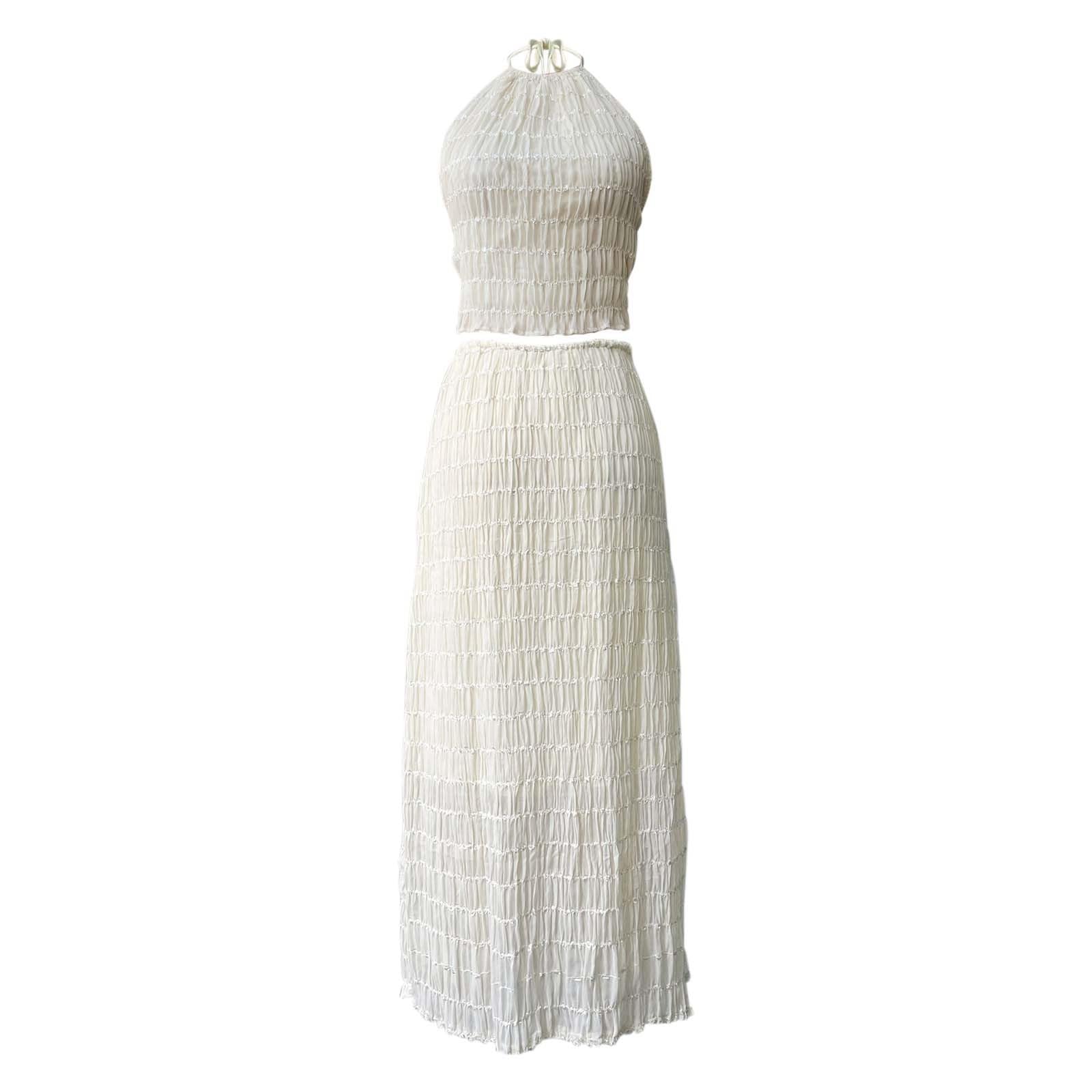 Conjunto de Falda Larga de Dos Piezas para Mujer - Conjunto Elegante de Falda Larga Plisada y Top Corto con Detalles de Cuentas para Mujer