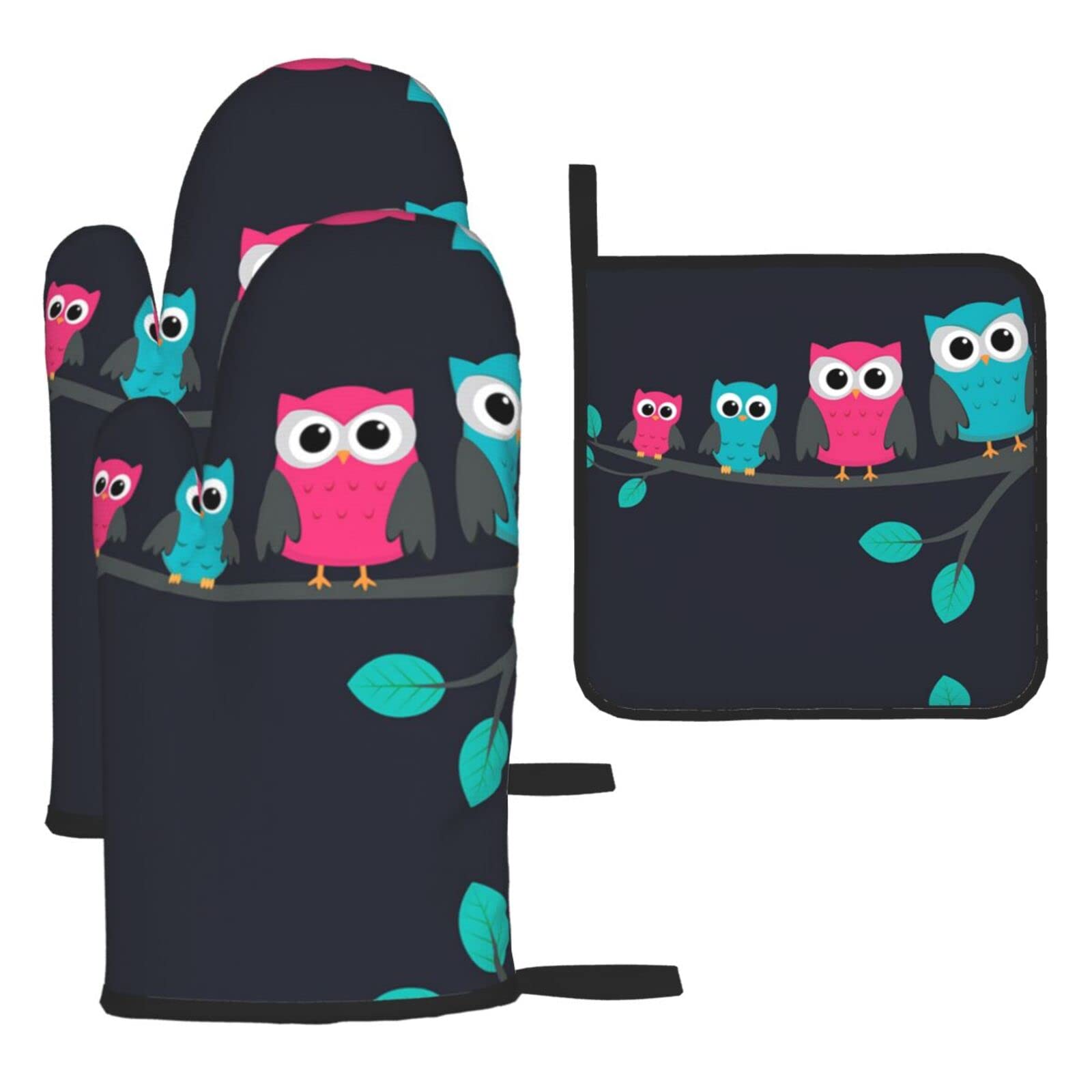 Cute Owls Oven Mitts and Pot Holder Kitchen Set for Grilling, Cooking, Baking, Heat Resistant