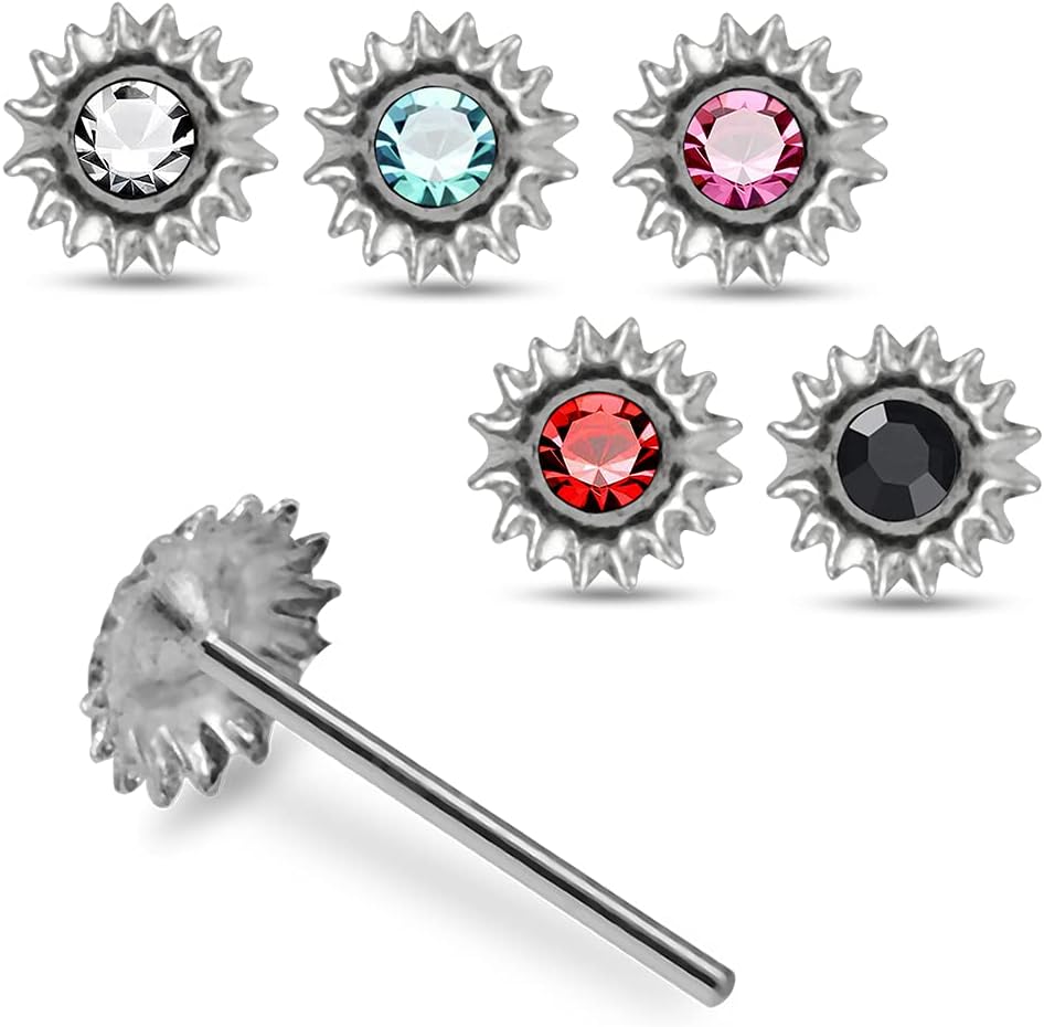 Crystal Stone Sunflower 22 Gauge 925 Sterling Silver Straight Nose Pin - Nose Stud - Tiny Nose Ring - Nose Piercing Body Jewelry