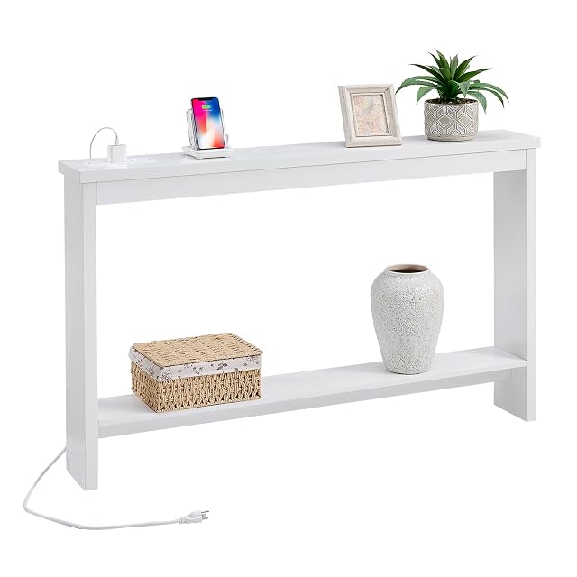 ZGREN Narrow Sofa Table with Outlet and USB Port Behind Couch Table Skinny Console Table with Charging Station
