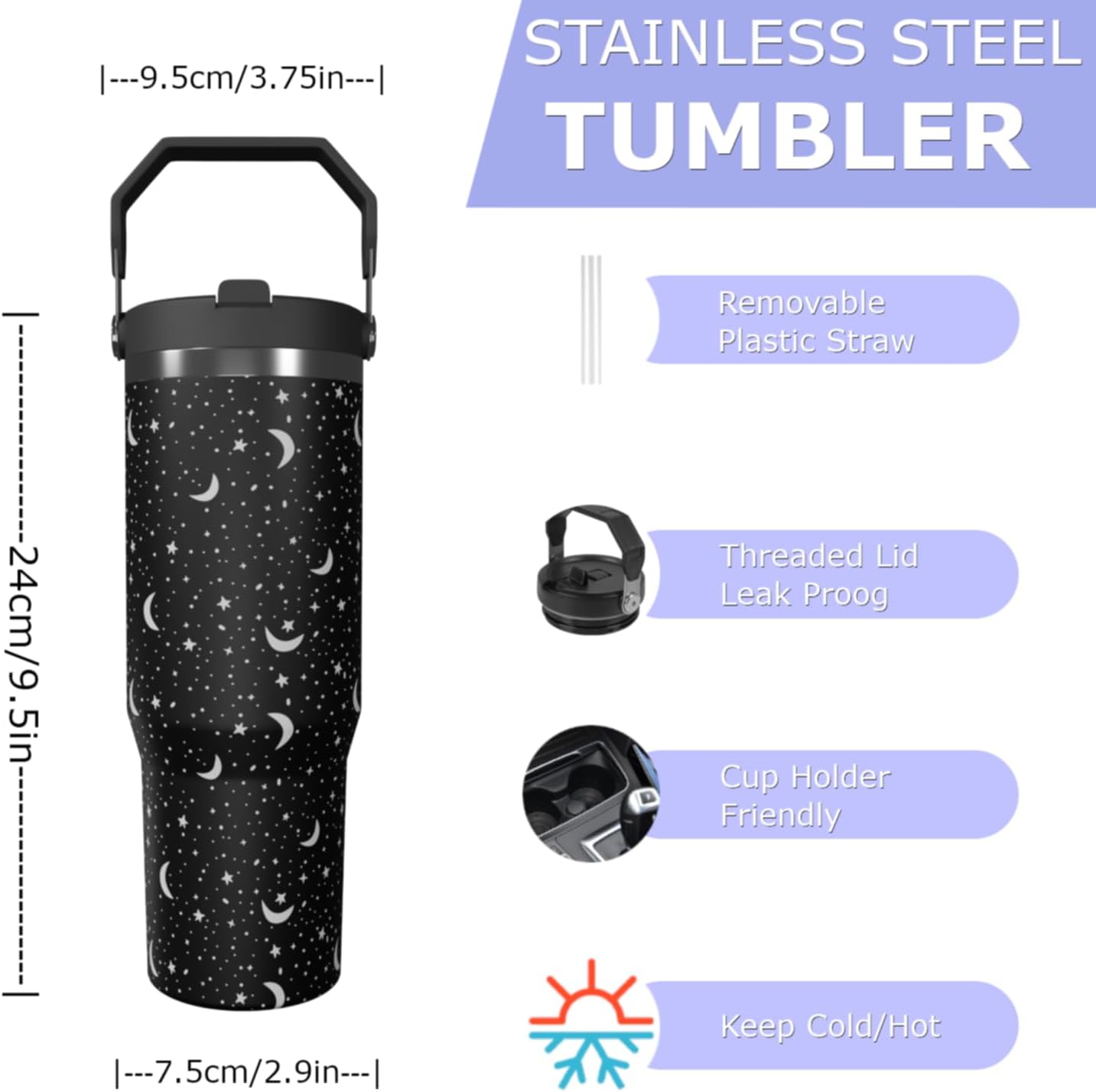 Goth Tumbler with Straw and Lid Gift for Boys Girls Gothic Water Bottle Halloween Travel Kettle Cup for Car Cold and Hot Stainless Steel Double Wall Insulated Mug (star moon, 30oz) - Image 2