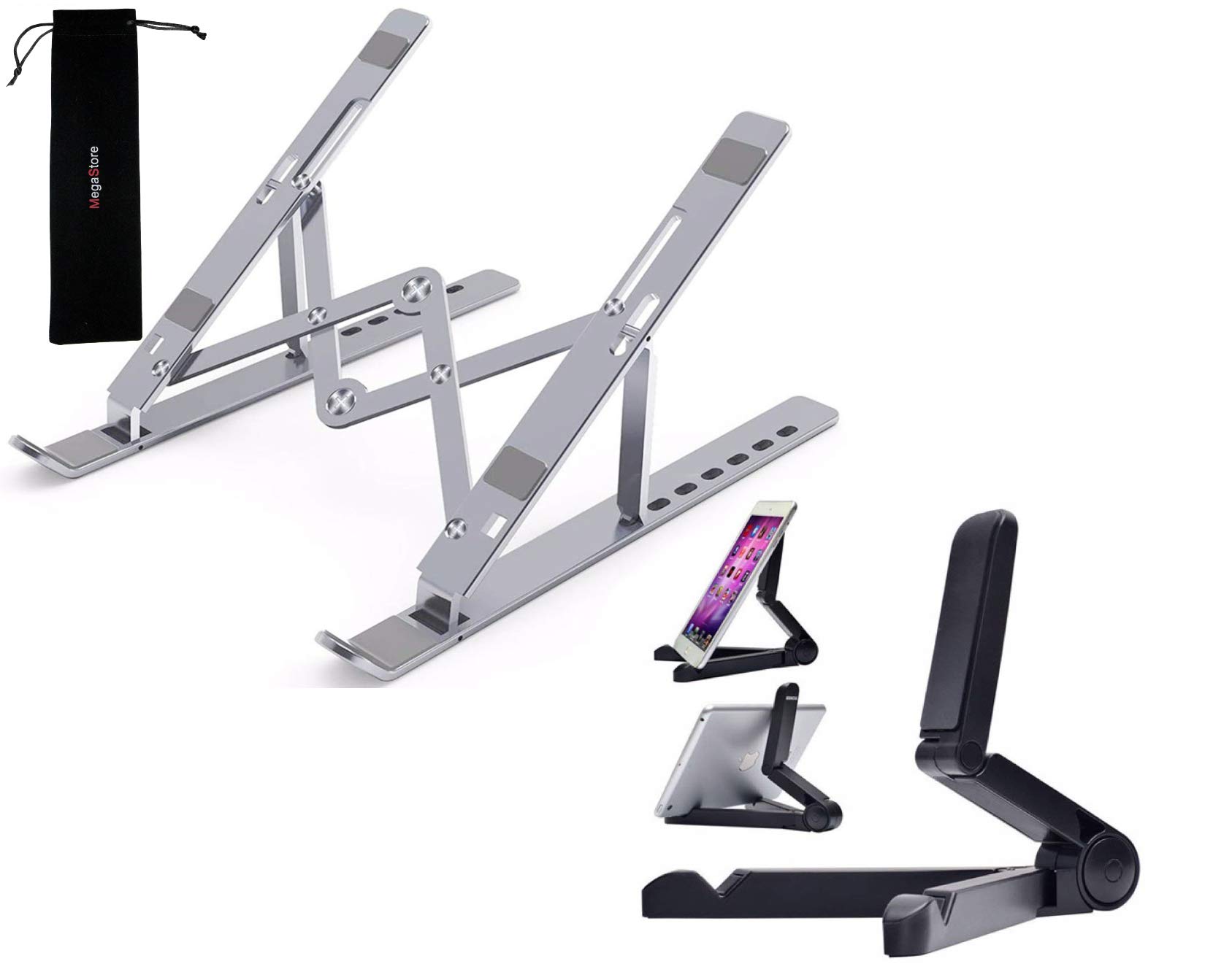Mega Store Aluminum Ergonomic Foldable Portable & Universal Tablet/Computer/Laptop Stand/Riser Stand with 7 Adjustable Angles, 7-10 inch Black Cradle and Wire Protector] (Pro-Edition Combo)