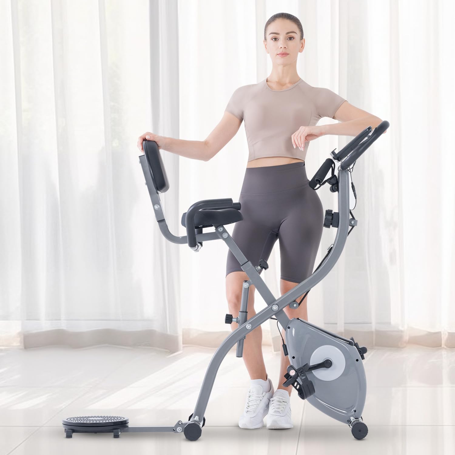 Bicicleta estática 3 en 1 con aplicación, plegable en interiores con disco de cintura giratoria, pantalla digital y resistencia magnética de 10 niveles