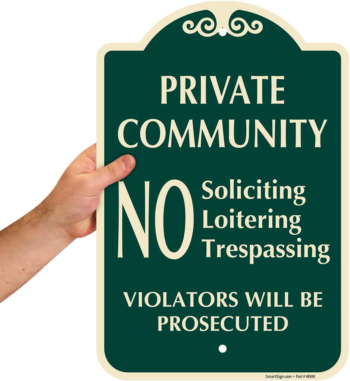SmartSign Designer "Private Community - No Soliciting Loitering Trespassing, Violators Will Be Prosecuted" Sign, 12" x 18", 120 mil Aluminum Composite (ACM) with Overcoat, Green, Made in USA