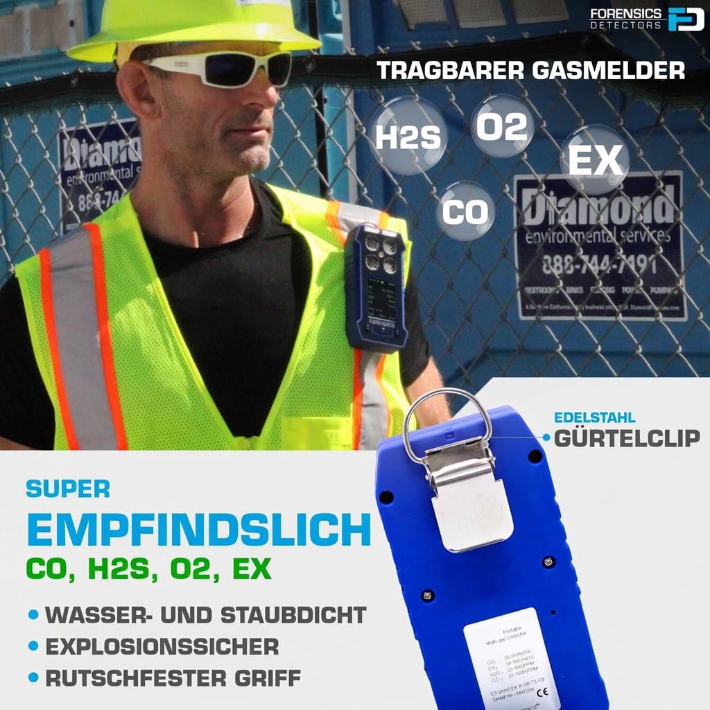 4-Gas-Messgerät | O2, CO, H2S, LEL | EU-Kalibrierzertifikat | Farbdisplay | Wiederaufladbarer Lithium-Ionen-Akku