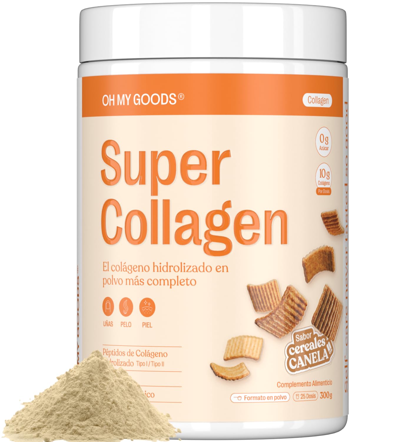 Super Collagen Sabor Canela - Colágeno con Magnesio, Ácido Hialurónico y Biotina - Tipo I y III de Origen Bovino (300 g) *SIN AZÚCAR, Ni GMO's