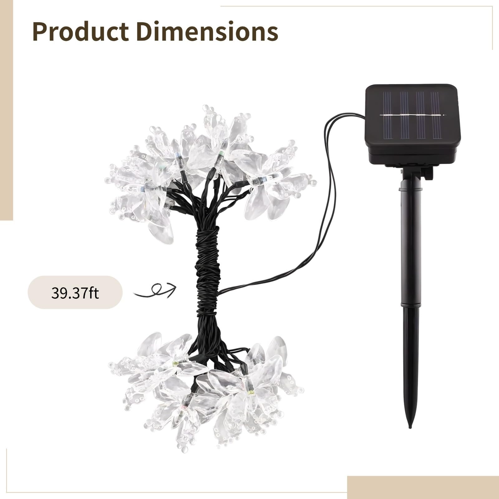 Solarne łańcuchy świetlne o tematyce motylkowej, 100 diod LED, ciepłe żółte żarówki, 12 m dekoracja zewnętrzna, zasilanie bateryjne, wodoodporność IP65