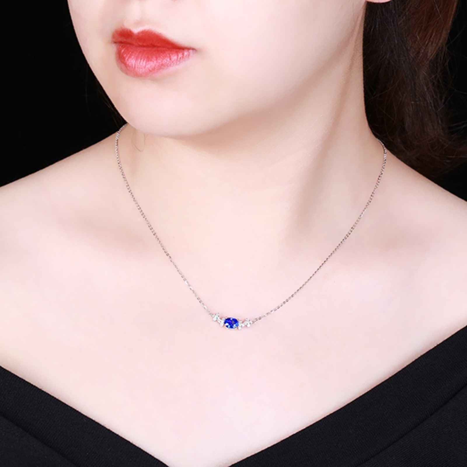 Collane Donna Oro Bianco e Giallo Vera, Collana per Fidanzati Donna con Zaffiro Sintetico 1.1 Carati e Diamante Sintetico, Gioielli con Pietra del Mese di Nascita