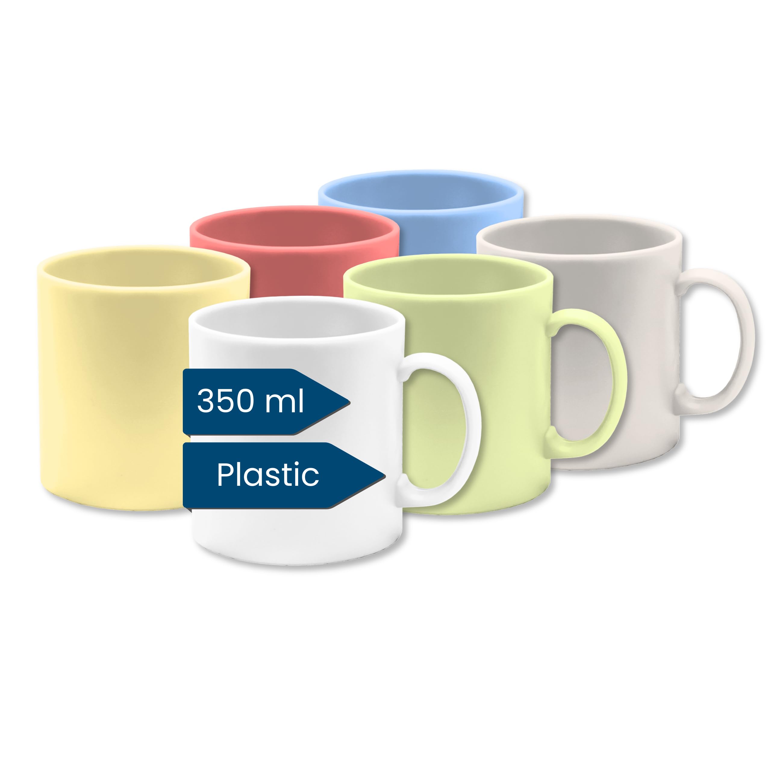 Set di 6 tazze da caffè in plastica (set di 6 tazze, grandi, multicolore, 350 ml), bicchieri di plastica con manico, per campeggio, bicchieri per bambini e anziani (riutilizzabili, no