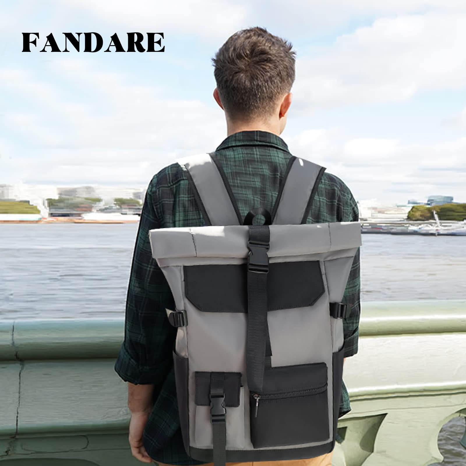 FANDARE Retrò Zaino Rolltop Ultraleggero Porta PC 15.6 Pollici, Zainetto per Scuola Università Viaggio Lavoro, da Uomo Donna - Grigio Scuro