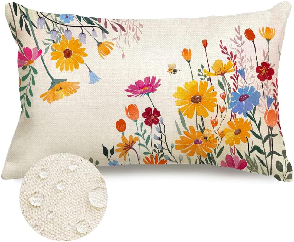 RABUSOFA Spring Outdoor Pillow Covers 18x18 Waterproof,Floral Daisy Pillows Decorative Throw Pillow Covers,Summer Lumbar Cousion Case Farmhouse Decorations for Home Decor Sofa Couch