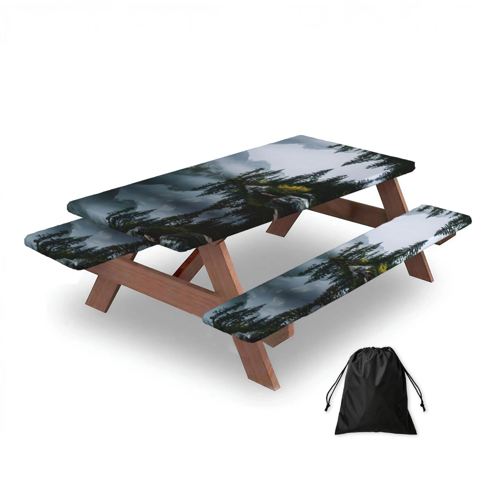 ESNAIUVCD Serene Lake Reflection Print Picnic Table Cover With Bench Covers,Camping Essentials,Fitted Tablecloth Cover With Elastic Edge, For Indoor & Outdoor 3 Pcs