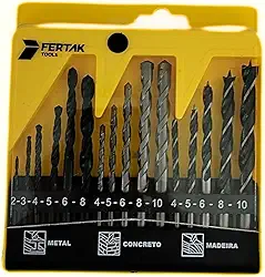 Kit Jogo Estojo com Brocas para Metal Concreto Madeira com 16 Peças Profissional Fertak