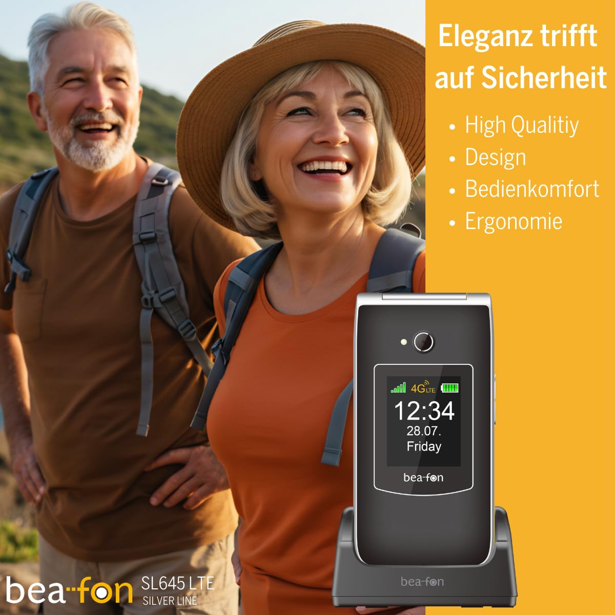 Beafon, SL645, LTE 4G, Silverline, telefono cellulare per anziani SOS chiamata di emergenza, pieghevole, XXL, display interno da 7,11 cm), display esterno a colori da 4,49 cm, fotocamera da 3,0 MP