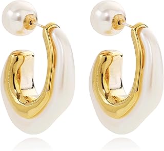 14k Gold Plated 925 Sterling Silver Pearl Hoop Earrings For Women, Chunky Hoop Earrings, Pearl Earrings For Women, Pearl Drop Earrings, Pearl Dangle Earrings, Pearl Statement Earrings
