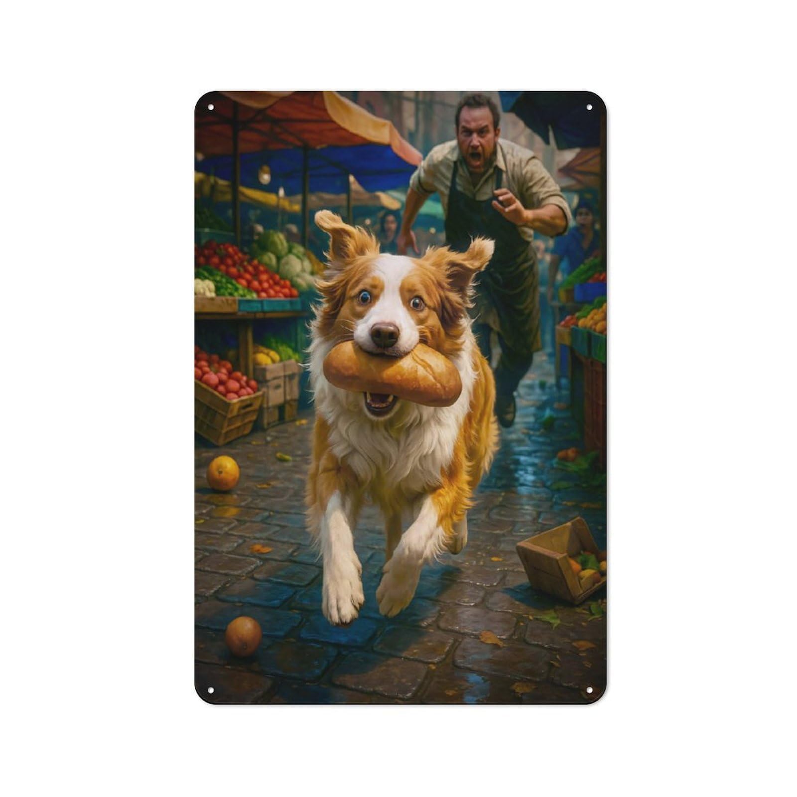 Junmoney Dog Steals Bread At The Market Vintage Metal Sign 30X20cm, Bistro Style Bistro Wall Plaque For Tea Room, Shop Wall Or Breakfast Area