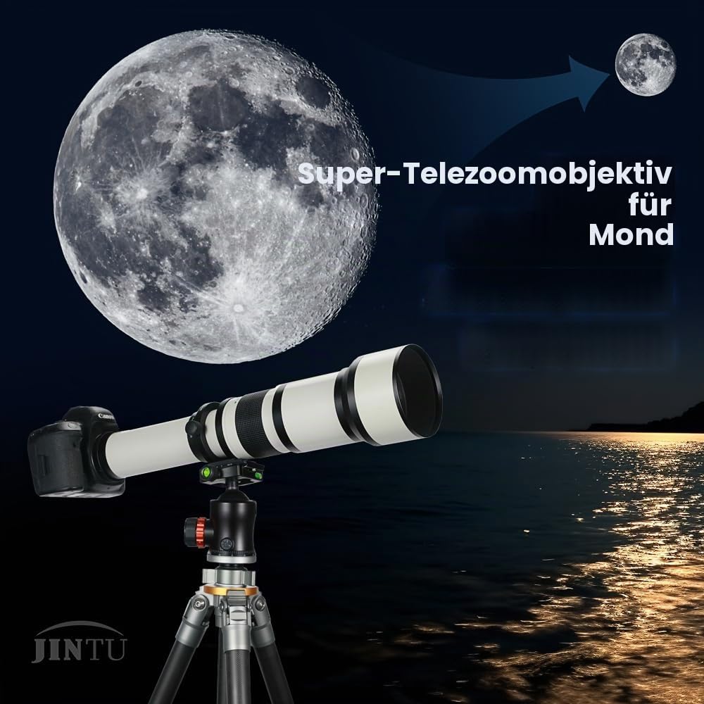 JINTU Teleobjektiv EF 650-1300mm F8 EF Objektiv für Canon SLR, Manueller Fokus MF Zoom Objektiv für Canon EOS Rebel T 4000D 2000D 1500D 1300D 1200D 850D 800D 750D 600D 500D 250D 90D 80D 77D 7D 6D 5D