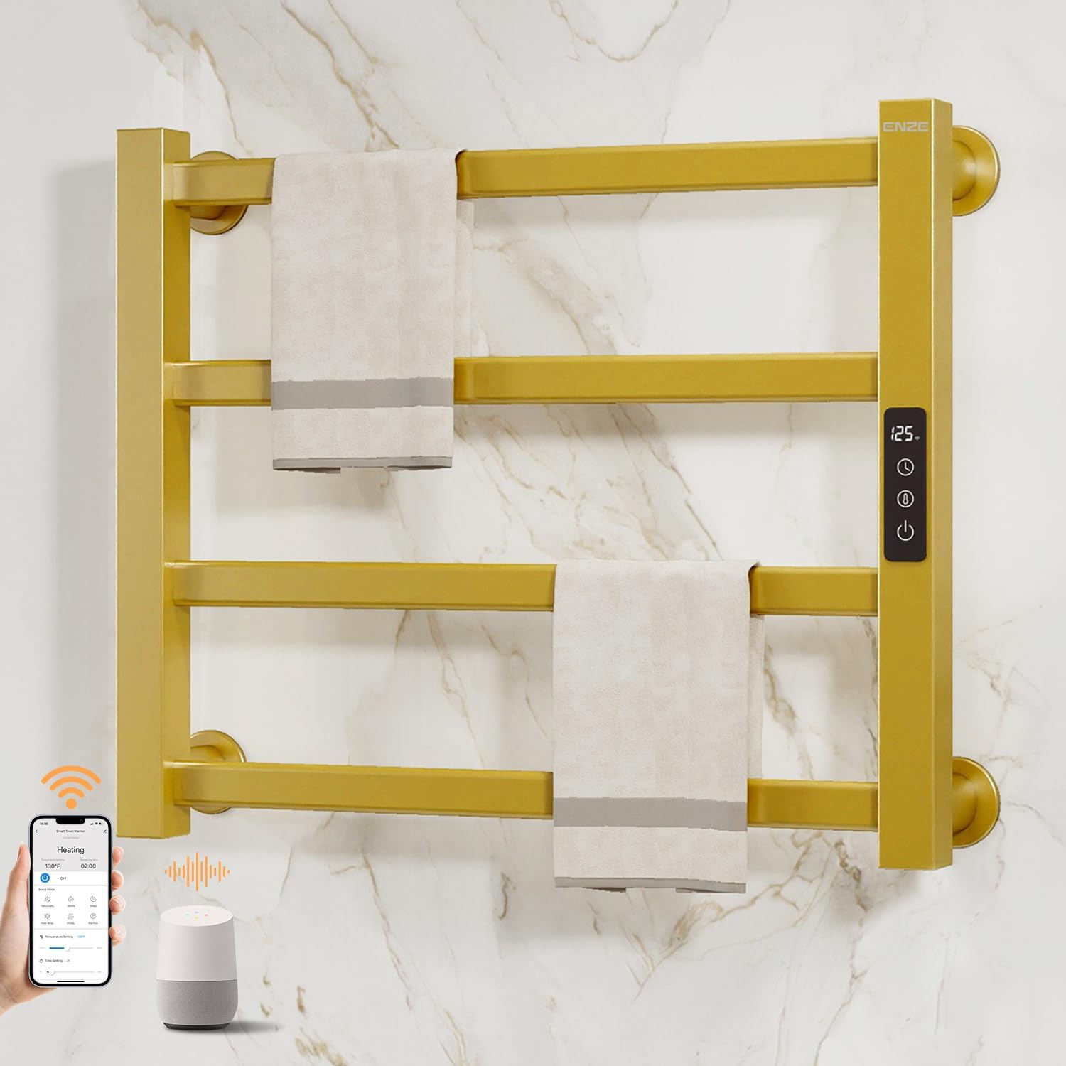 ENZE Smart Heated Towel Rack, 4-Bar Wall-Mounted Electric Towel Warmer 115W, Wi-Fi App Control & LED Touch Screen, Adjustable Temperature & 24H Timer, IPX5, Plug-in/Hardwired, Gold