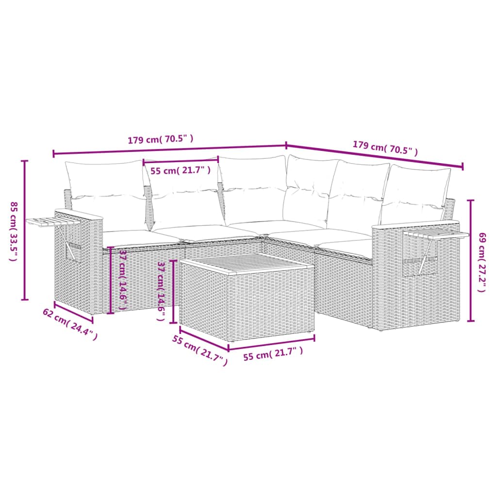 Juego de 6 sofás modulares de jardín de ratán de polietileno con estantes plegables y muelles de gas, espacio de almacenamiento y bolsa impermeable, juego de sofá de exterior de ratán sintético