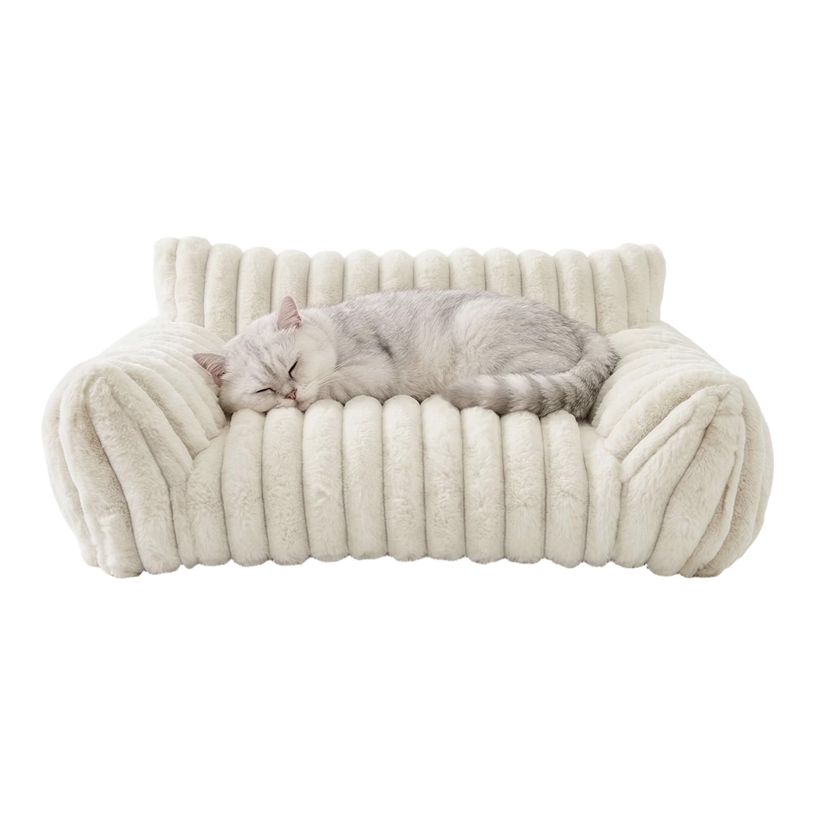 wanwanper Calming Cat Bed Small Dog Sofa Bed Soft Plush Pet Cushion(White)