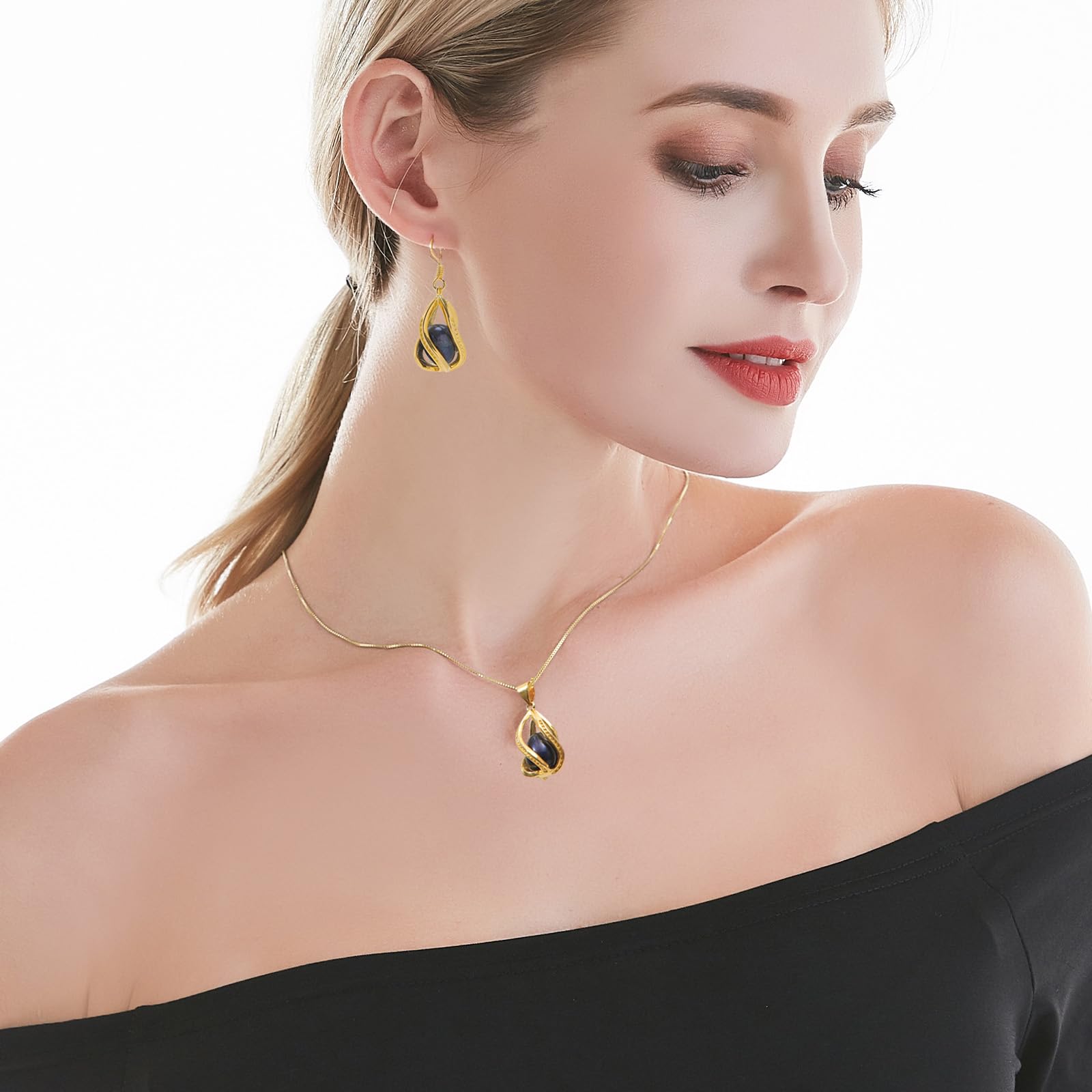 Pearl Jewelry Set For Women S925 Sterling Silver/14K Gold Plated Necklace & Earrings Set Freshwater Pearl Pendant Cage Set for Wedding Anniversary Prom Birthday Gift