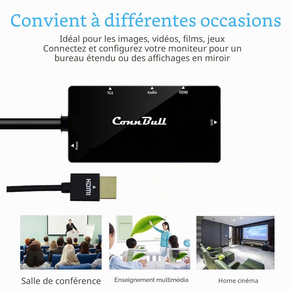 Adaptateur HDMI vers VGA DVI HDMI 1080p HD Convertisseur Vidéo Audio Multiport Noir