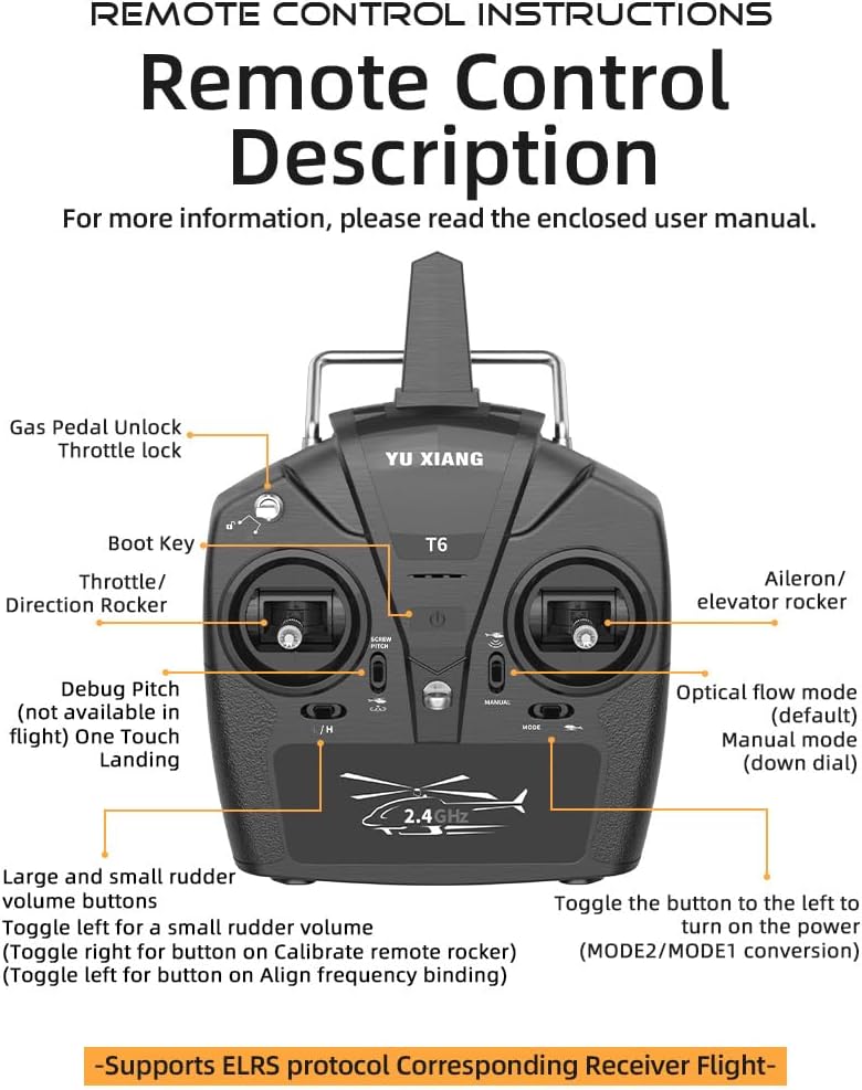 Diagram of the YUXIANG T6 remote control with labels for each button and stick function