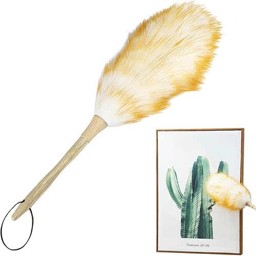 Naysku Plumero de lana de cordero - Plumeros para muebles con mango de madera, herramienta de eliminación de polvo para limpiar ventiladores de