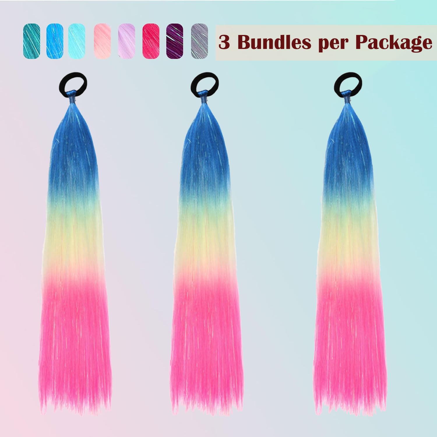 PORSMEER 3 Packs Ponytail Extension 24 inch Blue/Yellow/Pink Colored Hair Extensions Glitter Tinsel Mixed for Braiding Ombre Pony Tail for Braids with Hair Tie Glitter Hair for Festival/Party - Image 3