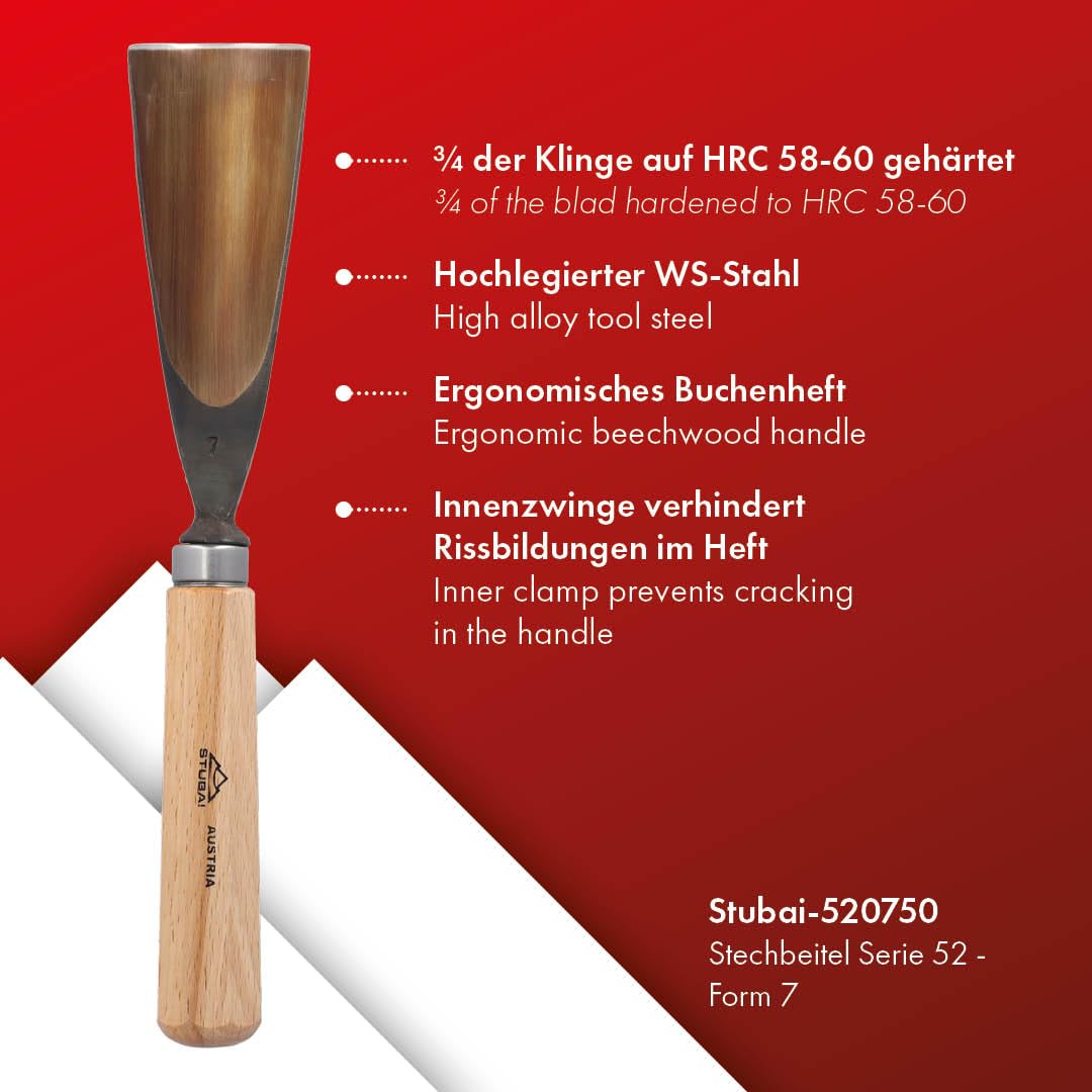 Stubai 520750 Typ 7 Dłuto do rzeźbienia w drewnie z drewnianym uchwytem, złoty/beżowy, 50 mm