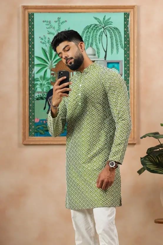 Image of LookMark Men's Printed Silk Blend Kurta with Mandarin Collar, Full Sleeves, Straight Fit Traditional Ethnic Wear