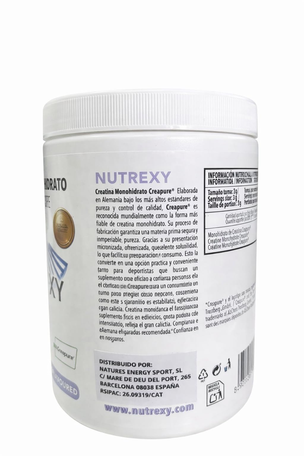 Creatina Monohidrato Creapure 100% – 600g (500g + 100g) – Alta Pureza – Sin Sabor – Nutrexy