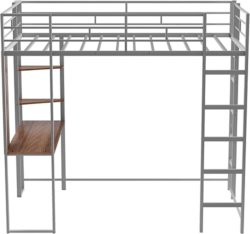 Miniatura 9 de HYC Cama alta de metal con 2 estantes y un escritorio cama de tamaño individual para dormitorio niños y niñas adolescentes niños no necesita somier