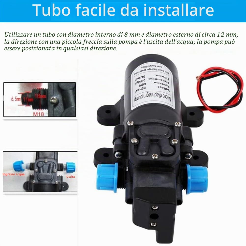 Pompa ad acqua ad alta pressione, DC 12V 5L/Min 116Psi Pompa autoadescante per lacqua, pompa dell'acqua a membrana per camper, barche, roulotte e il giardino