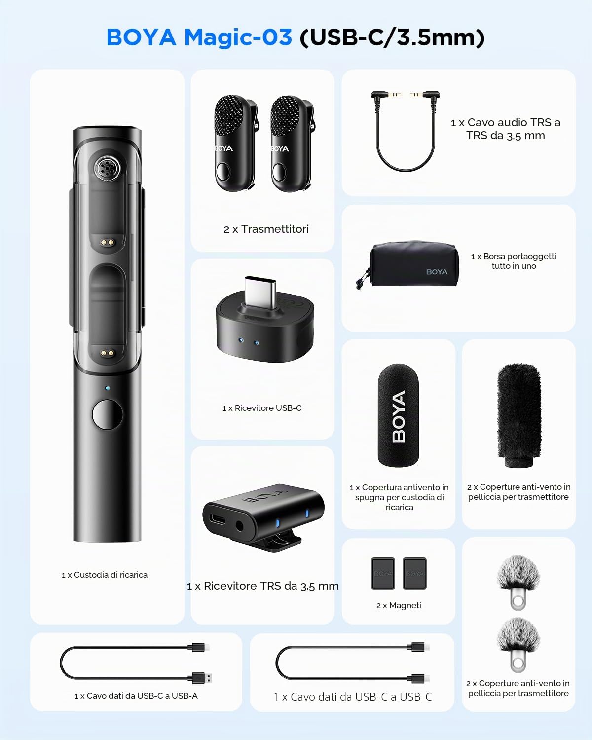 BOYA Magic-03 Microfono wireless USB-C per iPhone 15/16, Android, PC, fotocamera, 48 kHz/24 bit, 30 ore, mini microfono da bavero per interviste, vlog, registrazione su TikTok e YouTube