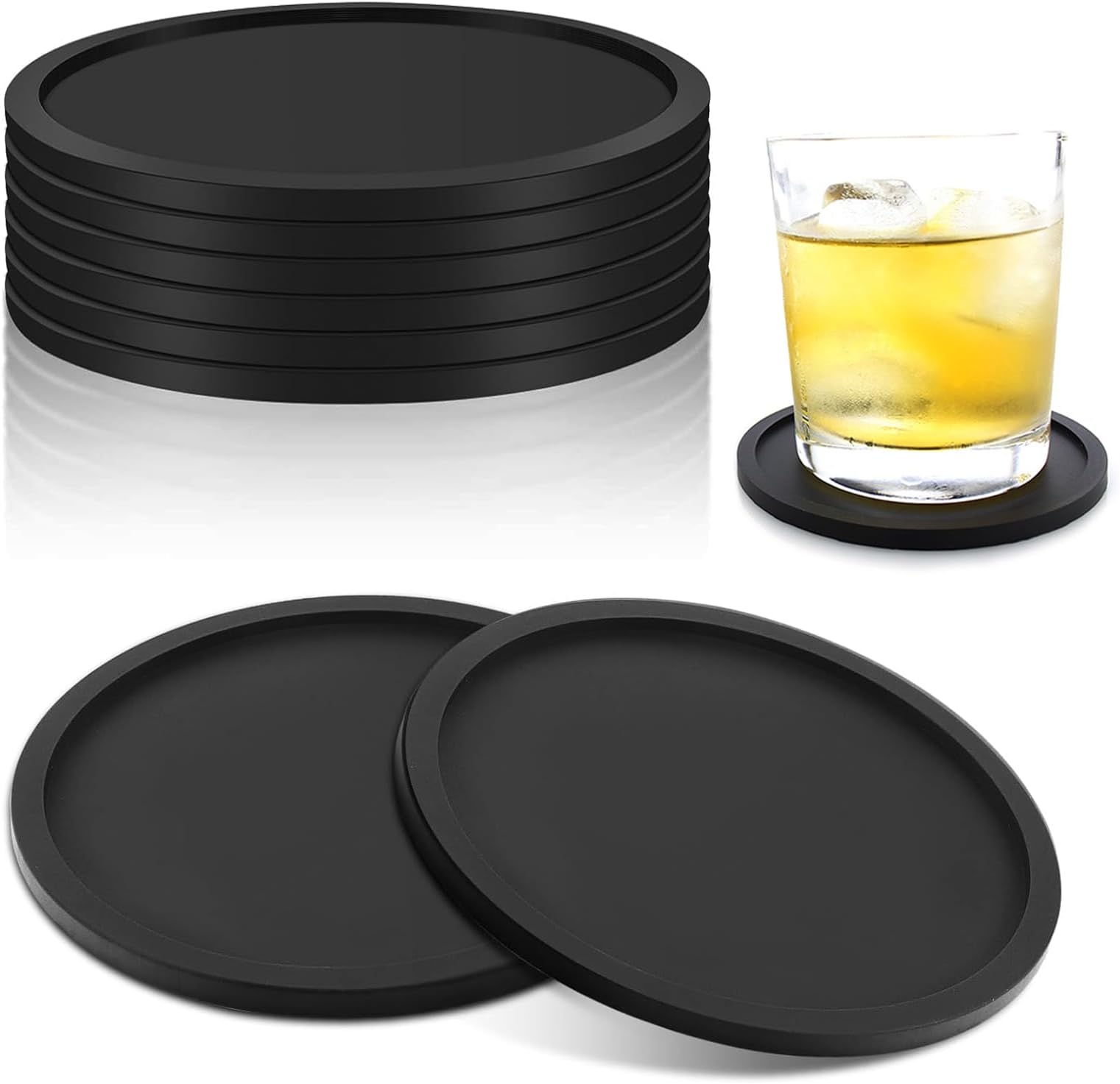 Black Coasters Set of 8 Silicone Coasters Drinks Coffee Mat Beer Bar Mats Round Coaster 8 Pack Pads Table Decor