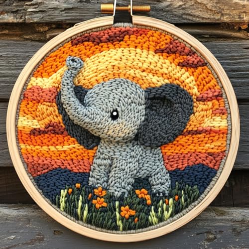 Image of DIY Punch Needle Kits Cartoon Grey Elephant Sunset with Hoop 20x20cm-8 | with Pattern Stamped Easy for Beginners Embroidery Punch Needle Starter Craft Set for Adults Festival Gift and Decoration