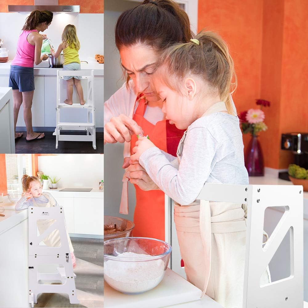 YOLEO Tour d'apprentissage 3 en 1, Pliable, Tour d'observation pour Enfants Montessori Learning Bois Naturel Kitchen Helper avec Tableau Noir et Blanc,Table et Chaise pour Enfant (Blanc)