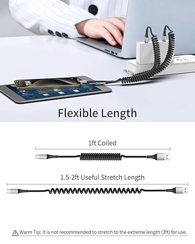 Miniatura 5 de Cable USB C en espiral, paquete de 2 cables USB a USB C en espiral para automóvil, cable retráctil USB C corto para iPhone 15 Pro Max, Samsung