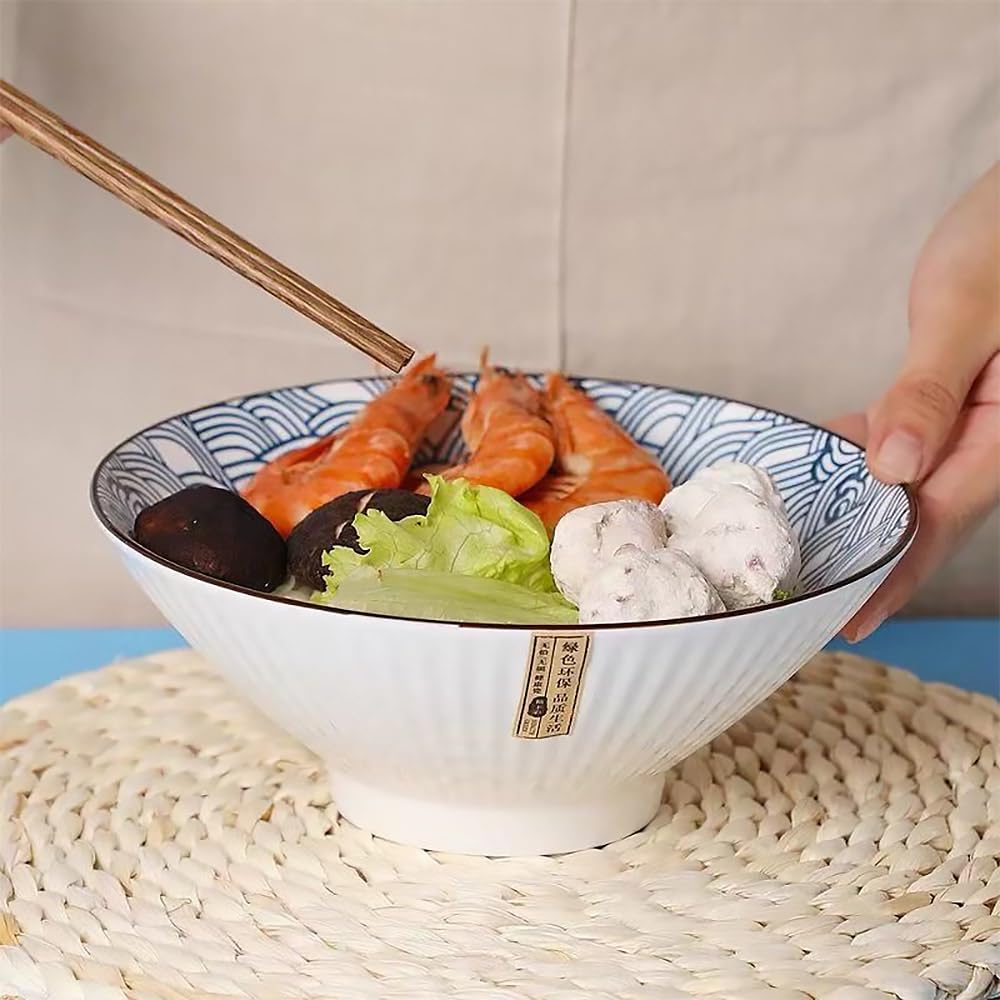 QINLANG Juego de 6 cuencos japoneses para ramen de 38 onzas, cuencos Pho Bowls, cuencos de sopa de cerámica azul y blanca de 8 pulgadas, patrón de ondas
