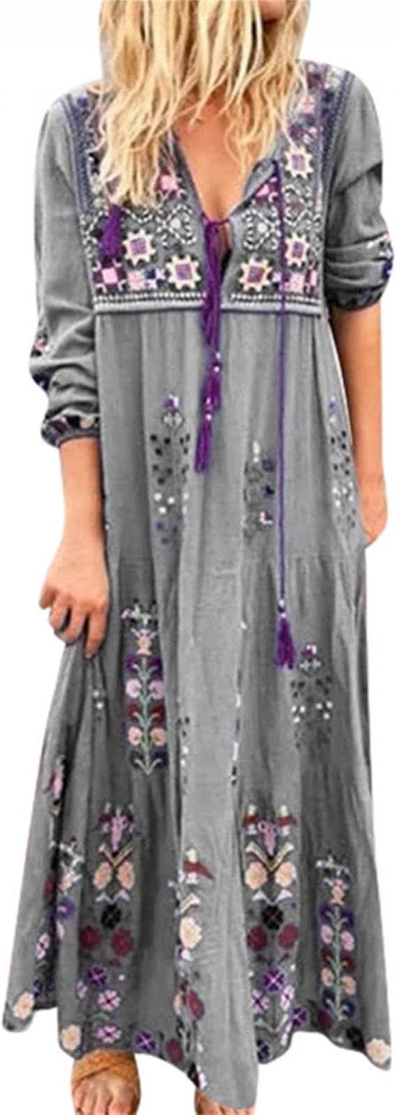 Amazon Co Jp Pesawato 長袖 エスニック 花柄 アジアンテイスト 民族柄 膝丈 ワンピース レディース 秋冬 きれいめ 着痩せ ドレス ラウンドネック Aライン エレガント おしゃれ 二次会 カジュアル ワンピース 体型カバー マキシワンピース 通勤 通学 旅行 シューズ バッグ