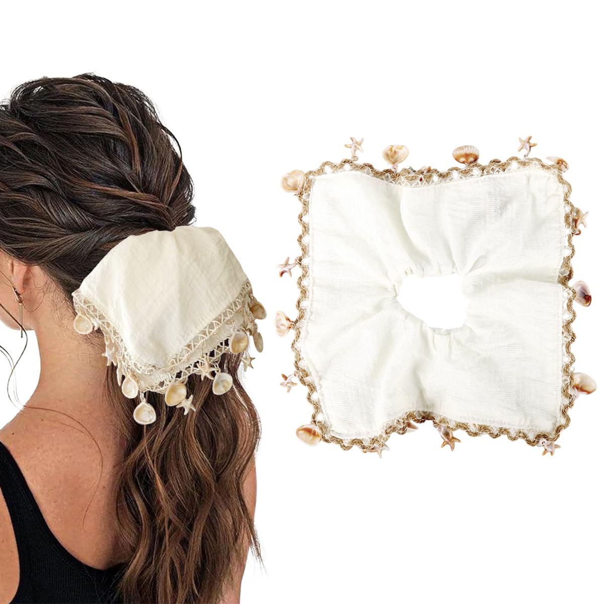 MAYCREATE® Hair Ties for Women ABS Shell Starfish Fringe Headscarf Lace Trim Soft Crease Square Scrunchies Boho Summer Beach Rubber Band for Hair-image-44