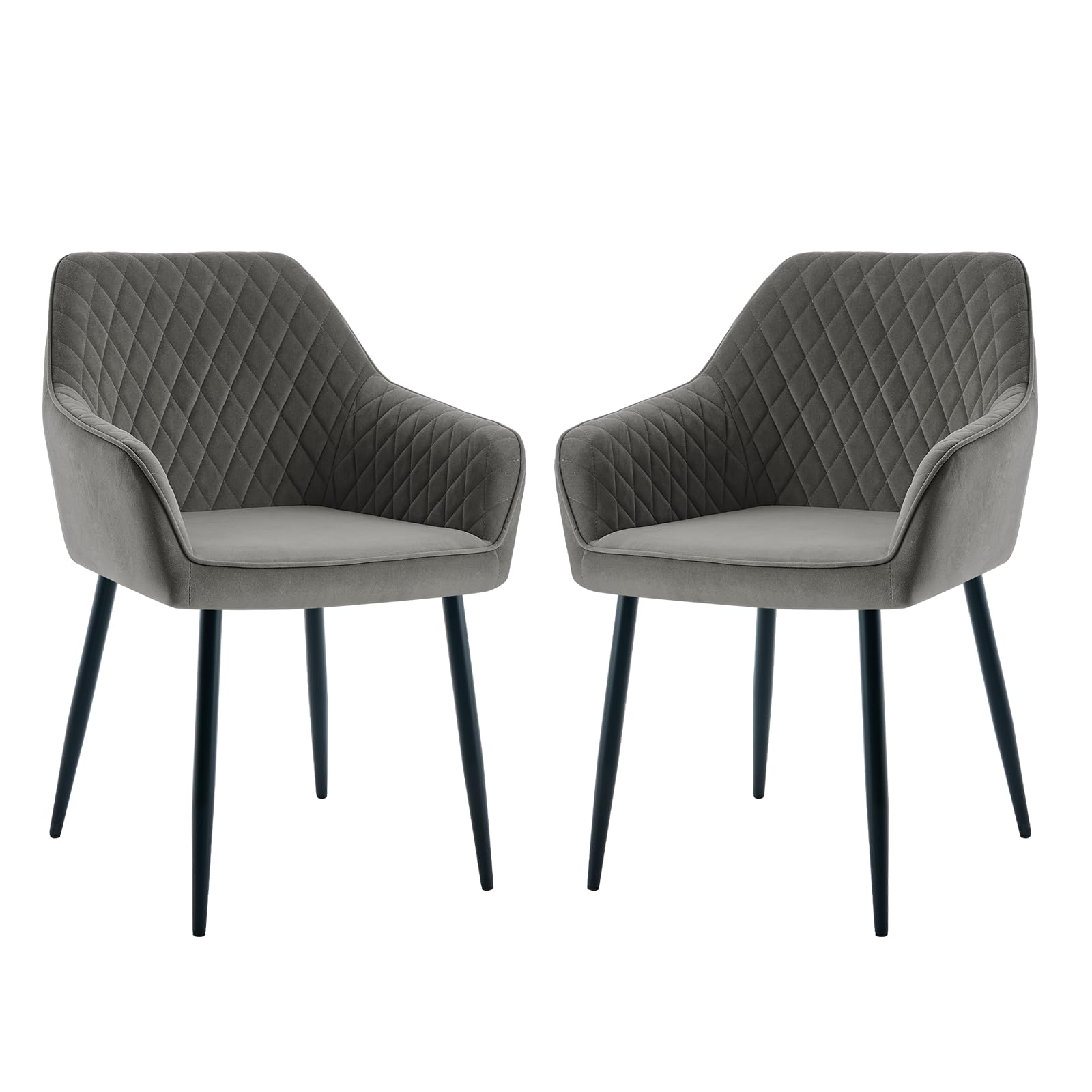 AINPECCA Set of 2 Dining Chairs Grey Velvet Armchairs with Armrest & Backrest Upholstered seat with Black Metal legs (Grey, 2) — image 1
