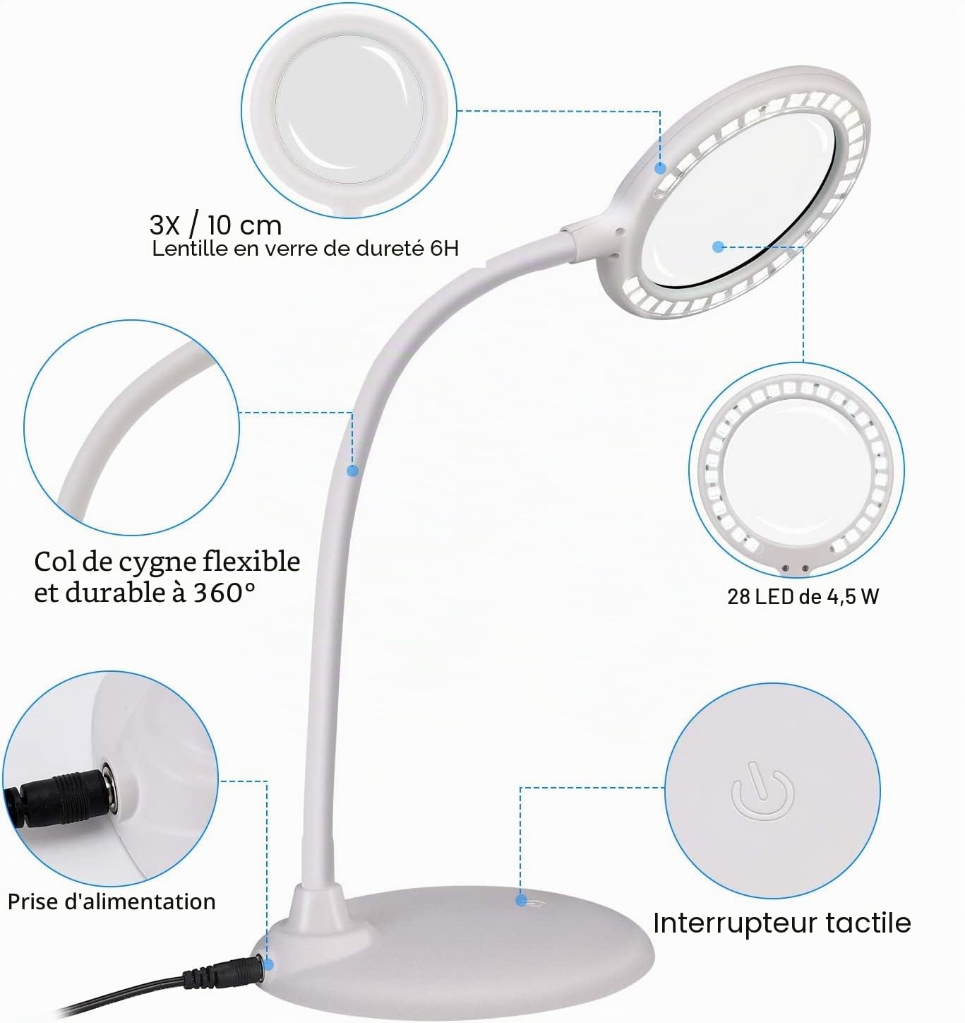 Loupe 3 x avec lumière et Support – Loupe Tactile à intensité Libre avec lumière LED pour Le Travail, la Lecture, Les Loisirs, la Couture, Les Loisirs créatifs (Blanc)
