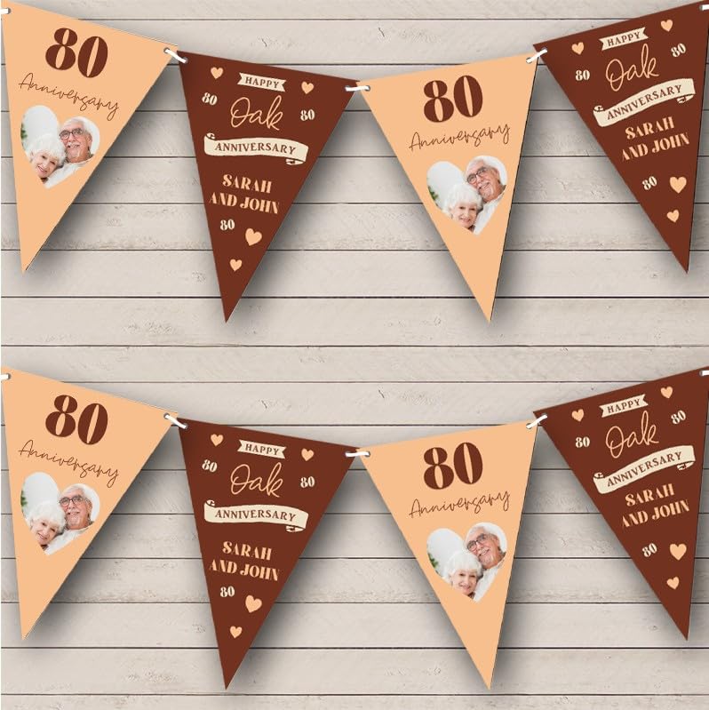 Fingerprint Designs 80th Oak Photo Heart Couple Personalised Wedding Anniversary Bunting - Hanging Party Decoration - Wedding Anniversary Party Banner Garland | Decorative Party Supplies