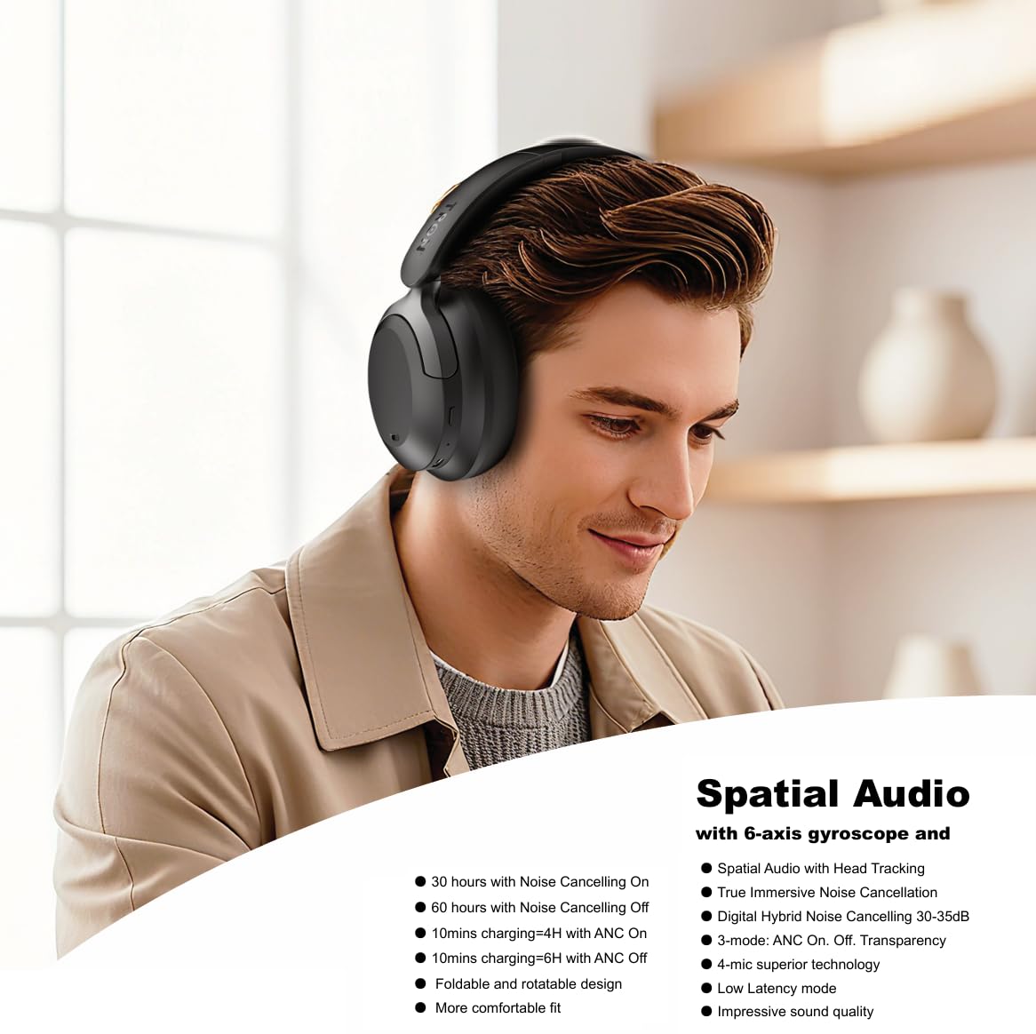 TRON Cuffie ibride con cancellazione del rumore, over-ear wireless con batteria 60H, modalità trasparenza, ricarica rapida, design pieghevole, custodia da viaggio inclusa (TR110)/nero